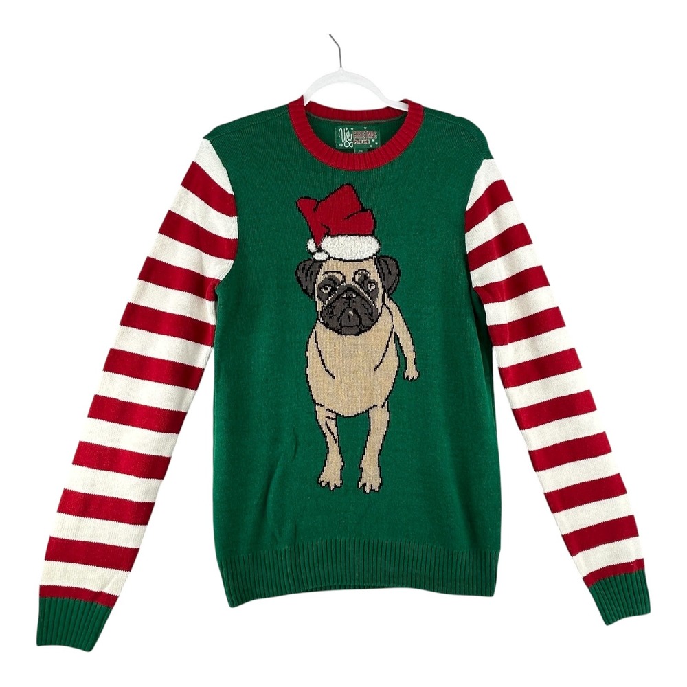 Ugly Christmas Sweater Pug Dog Santa Hat‎ Striped Sleeve Green Red Small Unisex